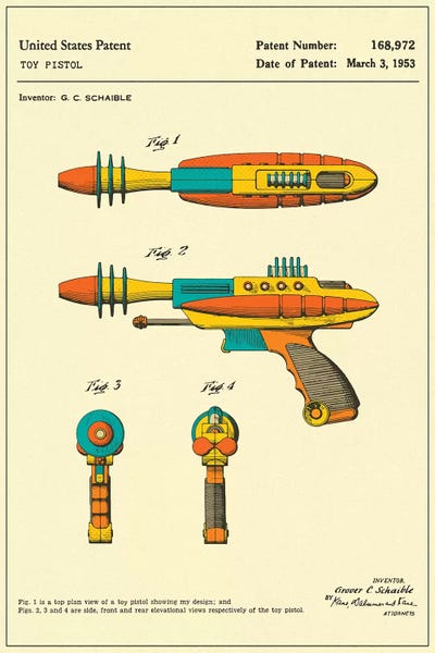 Toy & Game Blueprints: G.C. Schaible Toy Pistol ("Pyrotomic Disintegrator") Patent by Jazzberry Blue