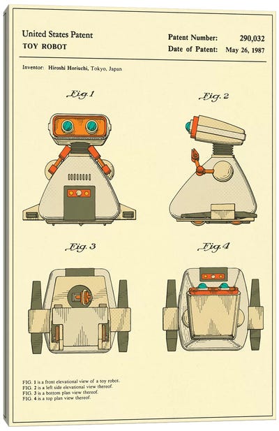 Hiroshi Horiuchi (Tomy Kogyo, Inc.) Toy Robot ("Dingbot") Patent Canvas Art Print - Jazzberry Blue