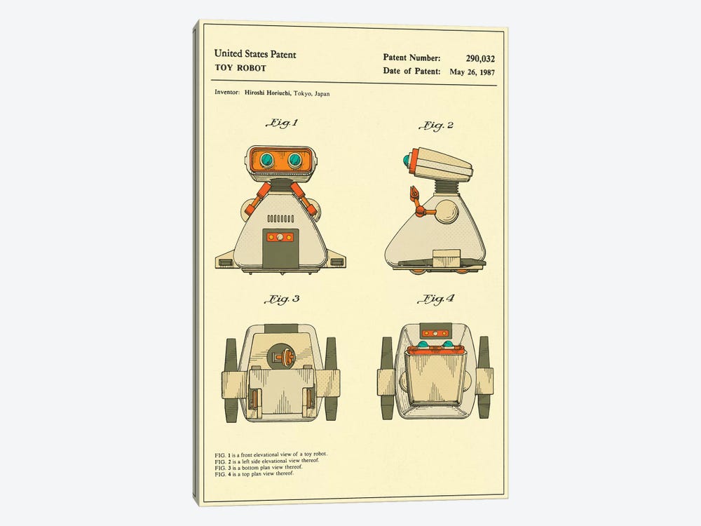 Hiroshi Horiuchi (Tomy Kogyo, Inc.) Toy Robot ("Dingbot") Patent by Jazzberry Blue 1-piece Canvas Art Print