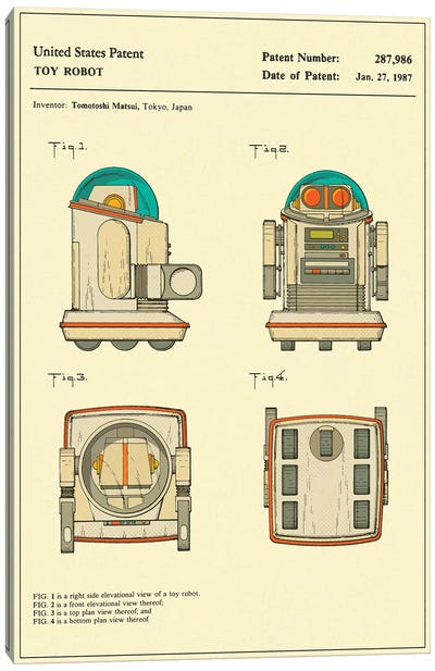 Tomotoshi Matsui (Tomy Kogyo, Inc.) Toy Robot ("Omnibot") Patent Canvas Art Print - Jazzberry Blue