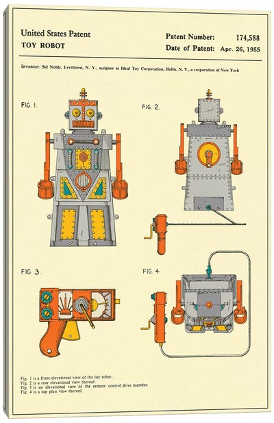 Sid Noble (Ideal Toy Corporation) Toy Robot ("Robert the Robot) Patent Canvas Art Print - Toy & Game Blueprints