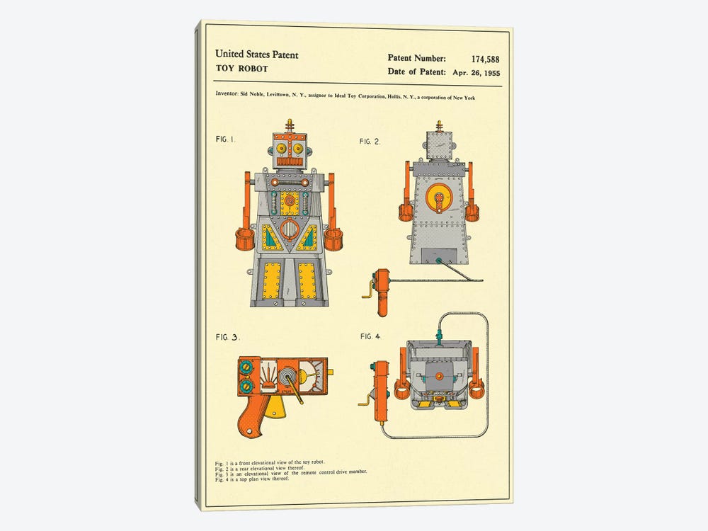 Sid Noble (Ideal Toy Corporation) Toy Robot ("Robert the Robot) Patent by Jazzberry Blue 1-piece Canvas Art