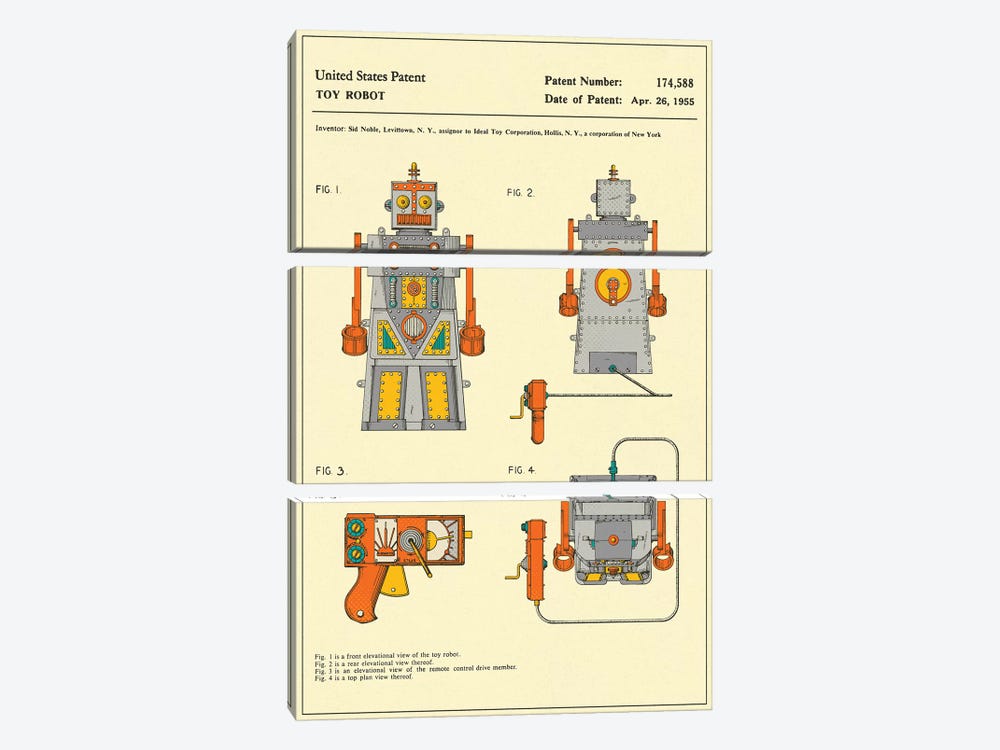 Sid Noble (Ideal Toy Corporation) Toy Robot ("Robert the Robot) Patent by Jazzberry Blue 3-piece Canvas Artwork