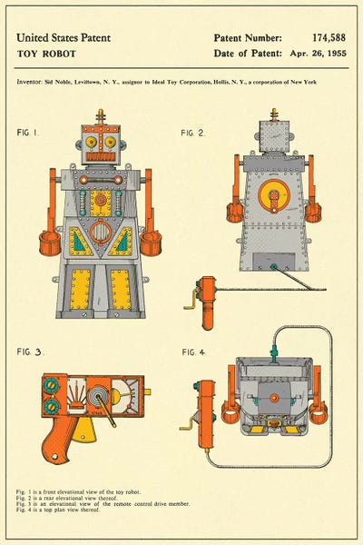 Toy & Game Blueprints: Sid Noble (Ideal Toy Corporation) Toy Robot ("Robert the Robot) Patent by Jazzberry Blue