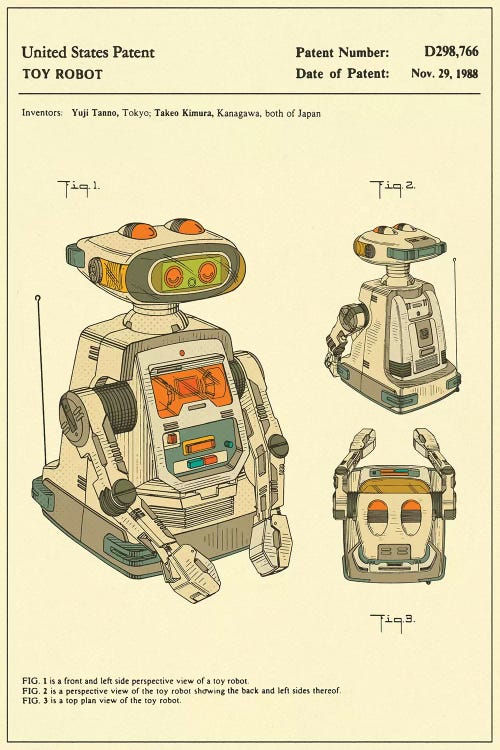 Yuji Tanno & Takeo Kimura (Playtime Products, Inc.) Toy Robot ("Gemini") Patent by Jazzberry Blue wall art
