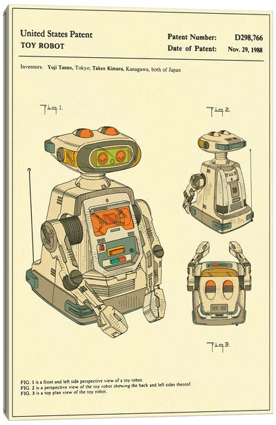 Yuji Tanno & Takeo Kimura (Playtime Products, Inc.) Toy Robot ("Gemini") Patent Canvas Art Print - Jazzberry Blue