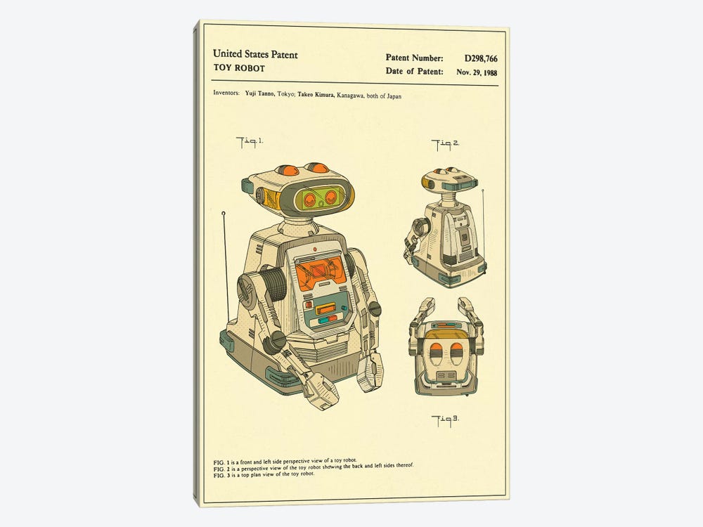 Yuji Tanno & Takeo Kimura (Playtime Products, Inc.) Toy Robot ("Gemini") Patent by Jazzberry Blue 1-piece Canvas Art
