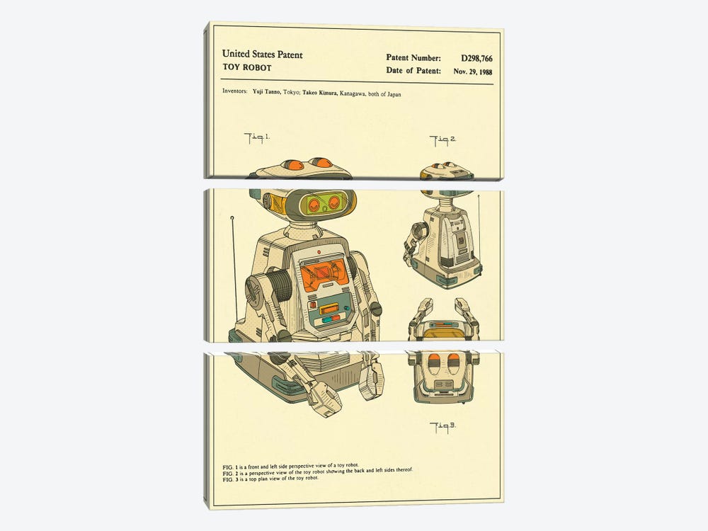 Yuji Tanno & Takeo Kimura (Playtime Products, Inc.) Toy Robot ("Gemini") Patent by Jazzberry Blue 3-piece Canvas Artwork
