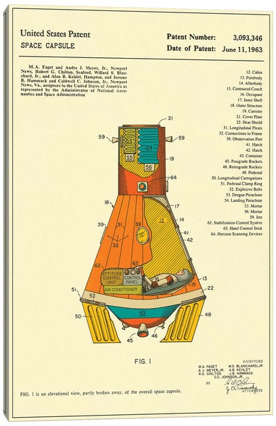 NASA Space Capsule Patent Canvas Art Print - Jazzberry Blue