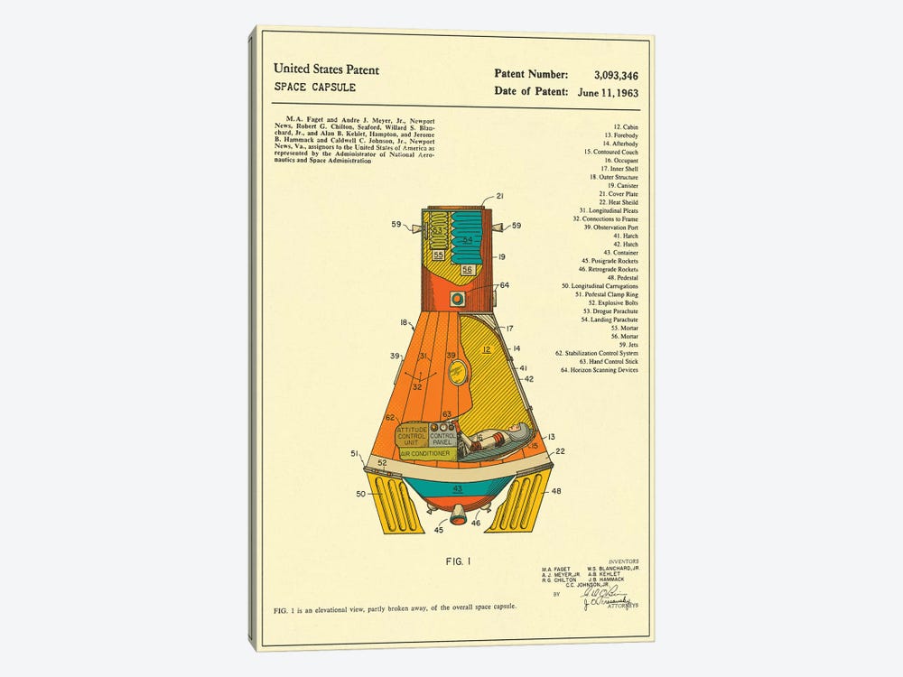 NASA Space Capsule Patent by Jazzberry Blue 1-piece Canvas Artwork