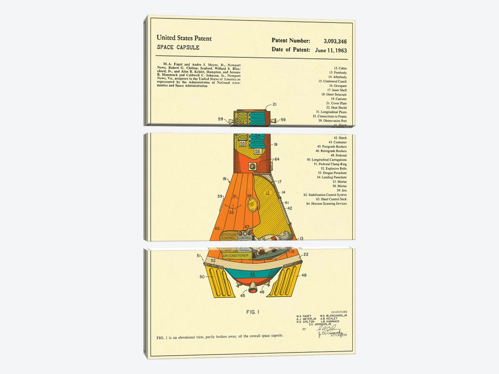NASA Space Capsule Patent by Jazzberry Blue 3-piece Canvas Wall Art