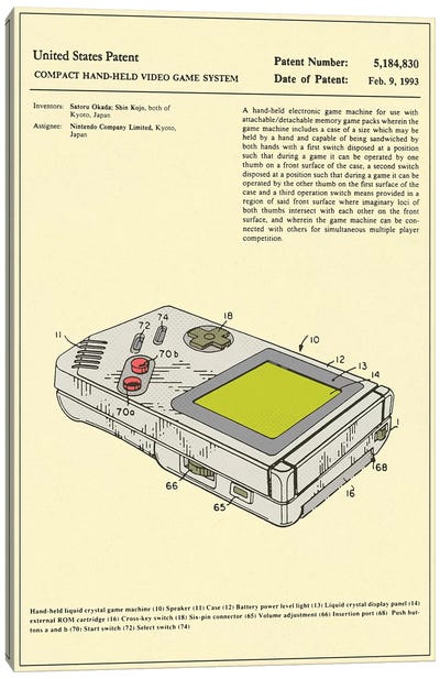 Satoru Okada & Shin Kojo (Nintendo) Compact Hand-Held Video Game System ("Game Boy") Patent Canvas Art Print - A New Take on Nostalgia