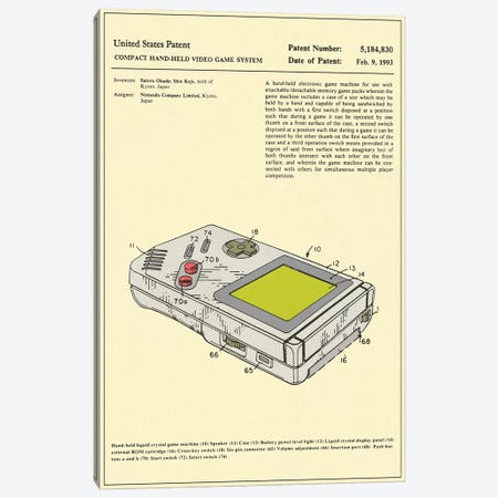 Satoru Okada & Shin Kojo (Nintendo) Compact Hand-Held Video Game System ("Game Boy") Patent Canvas Print #JBL170} by Jazzberry Blue Canvas Art Print