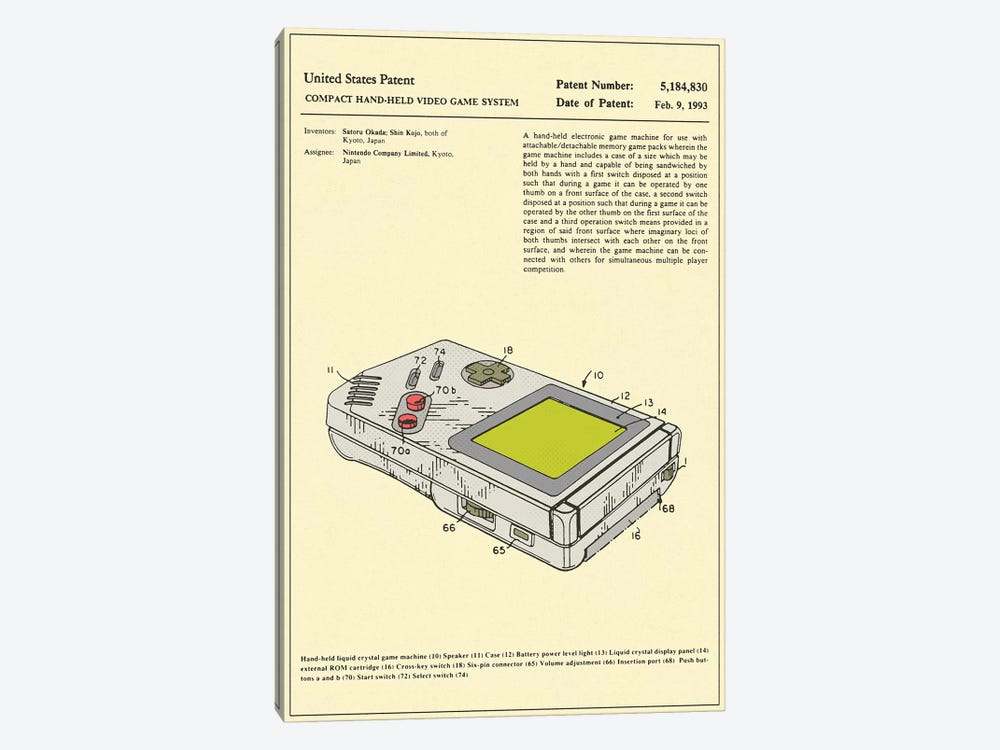 Satoru Okada & Shin Kojo (Nintendo) Compact Hand-Held Video Game System ("Game Boy") Patent by Jazzberry Blue 1-piece Art Print