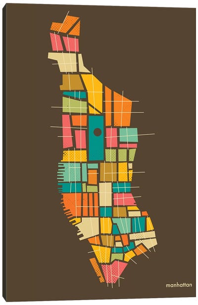 Abstract Manhattan Neighborhood Map Canvas Art Print - Orange & Teal