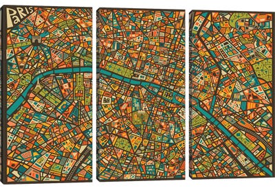 Paris Street Map Canvas Art Print - 3-Piece Urban Art