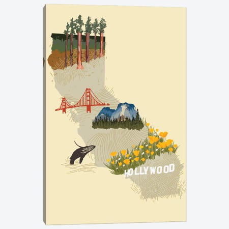 Illustrated State-California Canvas Print #JCG68} by Jacob Green Art Print