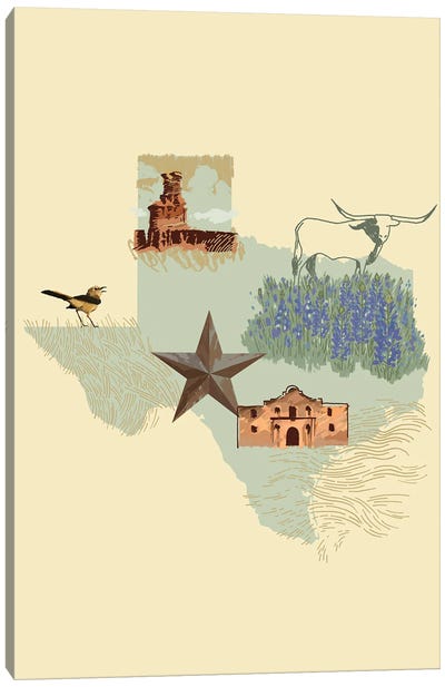 Illustrated State-Texas Canvas Art Print - Jacob Green
