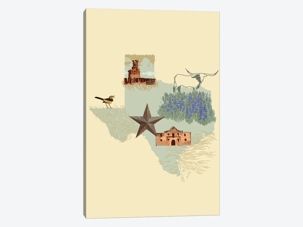Illustrated State-Texas by Jacob Green 1-piece Canvas Print