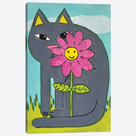 Grey Cat with Pink Flower Canvas Print #JCN26} by Jelly Chen Canvas Art Print
