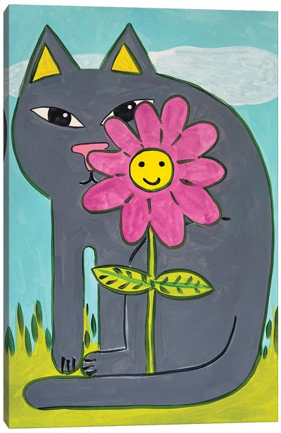 Grey Cat with Pink Flower Canvas Art Print - Jelly Chen