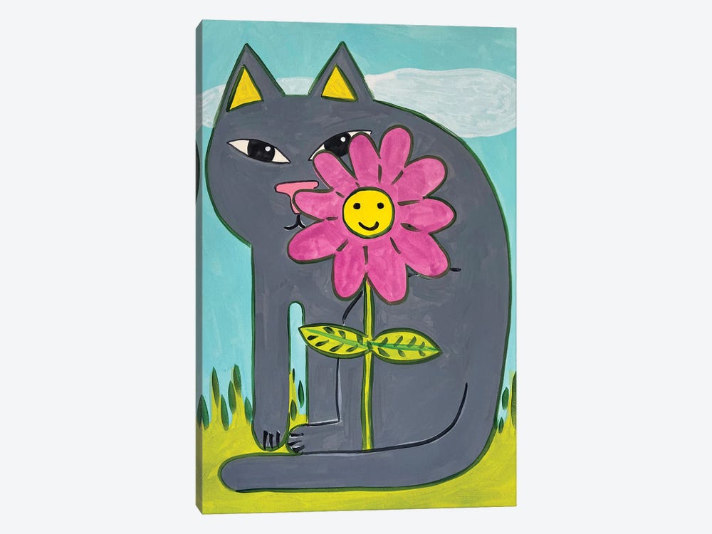 Grey Cat with Pink Flower by Jelly Chen 1-piece Canvas Wall Art