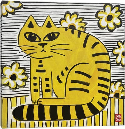 Yellow Cat Canvas Art Print - Pantone 2021 Ultimate Gray & Illuminating