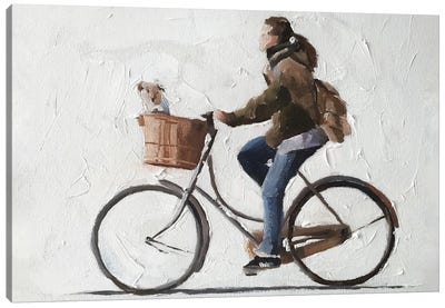 Woman And Dog Cycling Canvas Art Print - James Coates