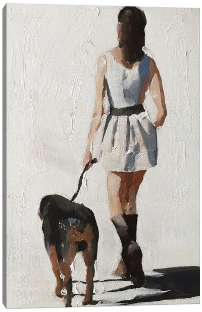 Woman And Dog Canvas Art Print - Strolls in the City