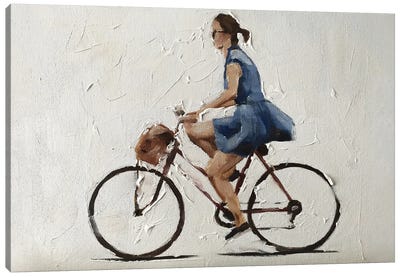 Cycling In A Blue Dress Canvas Art Print - Cottagecore Goes Coastal