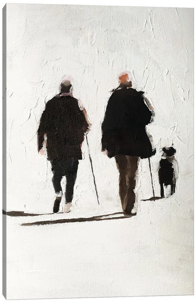Couple And Their Dog Canvas Art Print - Strolls in the City