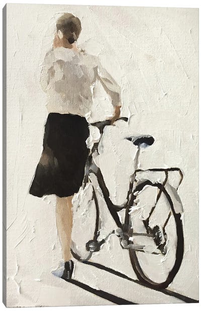 Girl Walking With A Bike Canvas Art Print - James Coates