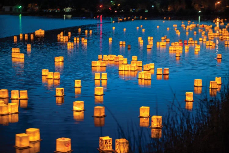 USA, Colorado Springs. Water Lantern Festival On Prospect Lake. by Janell Davidson wall art