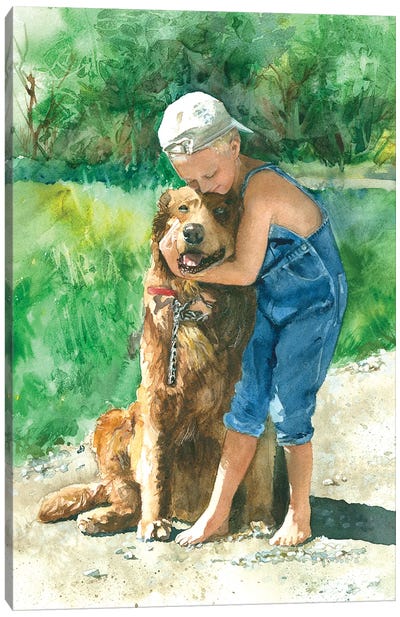 Goodbye Kisses Boy & Dog Canvas Art Print - Judith Stein