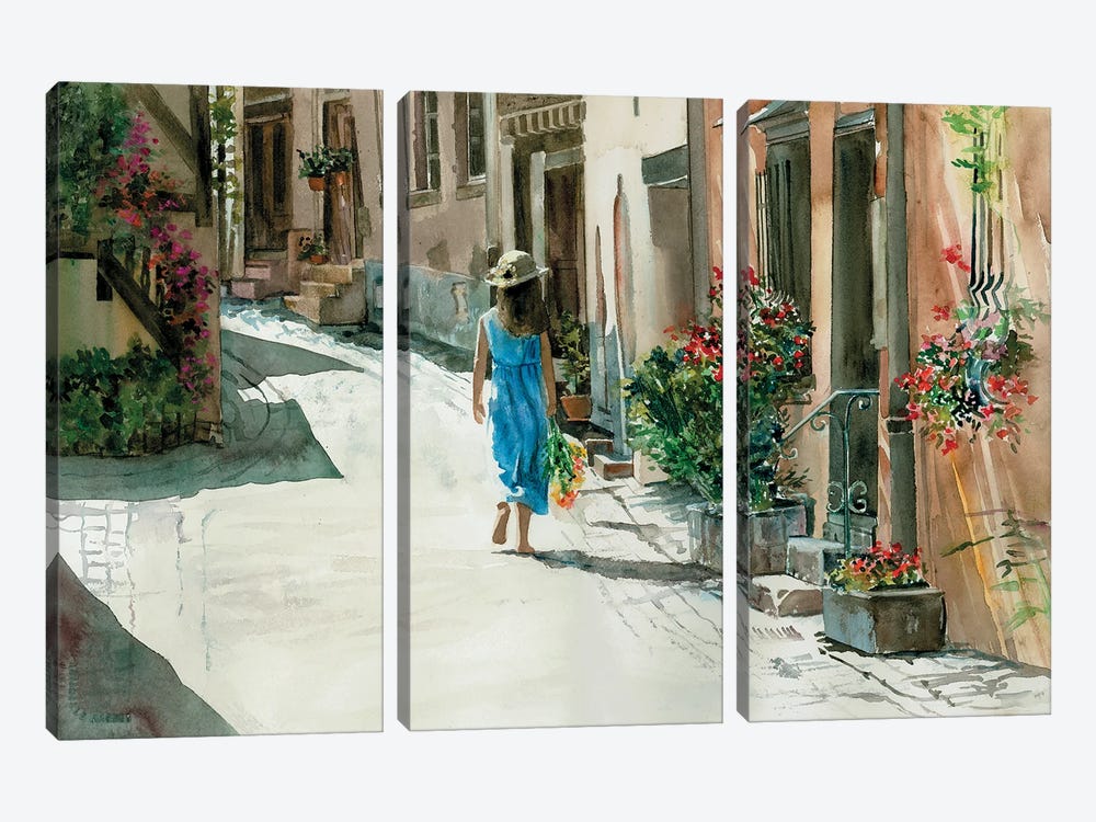 Cobblestone Stroll - European Street Scene by Judith Stein 3-piece Canvas Print