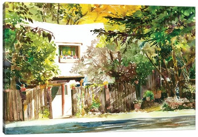 Whitewashed Villa Taos Landscape Canvas Art Print - Judith Stein