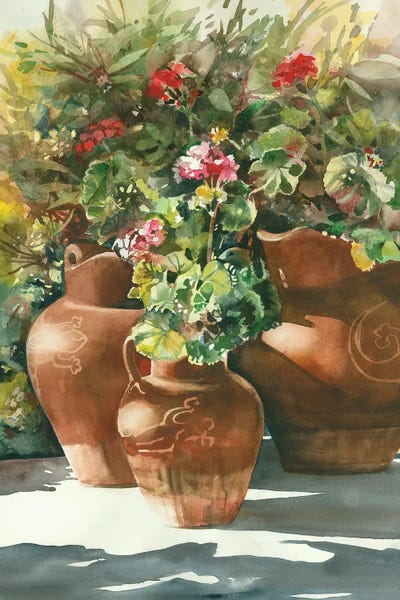 Lizards: Flowers In Clay Pots by Judith Stein