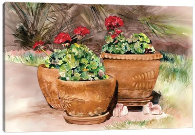 Red Geraniums Canvas Art Print - Pottery Still Life
