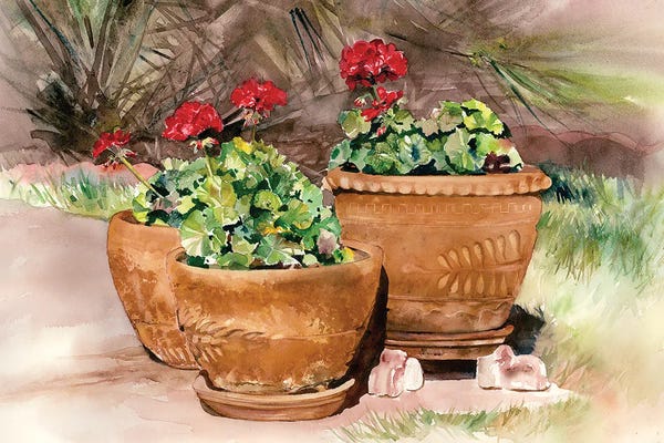 Pottery Still Life: Red Geraniums by Judith Stein