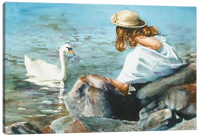 Feeding The Swan Canvas Art Print - Swan Art