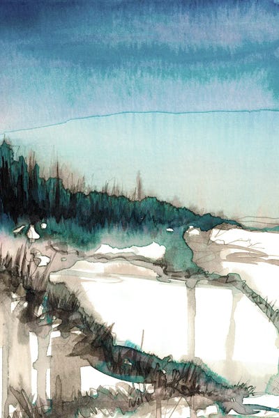 Julia Di Sano: Shoreline I Teal - Watercolor Forest Coastal Landscape by Julia Di Sano