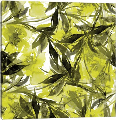 Floral Fiesta - Yellow & Gray Canvas Art Print - Green Leaves 