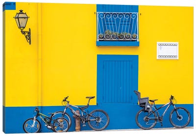 Yellow House With Blue Shutters, Windows And Doors, Aveiro, Portugal Canvas Art Print
