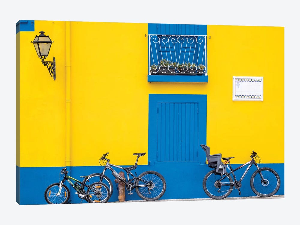 Yellow House With Blue Shutters, Windows And Doors, Aveiro, Portugal by Julie Eggers 1-piece Canvas Wall Art