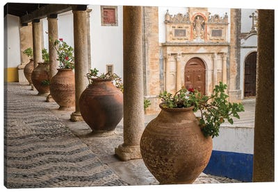 Ceramic Pots Adorn A Ledge Along A Building, Obidos, Portugal Canvas Art Print