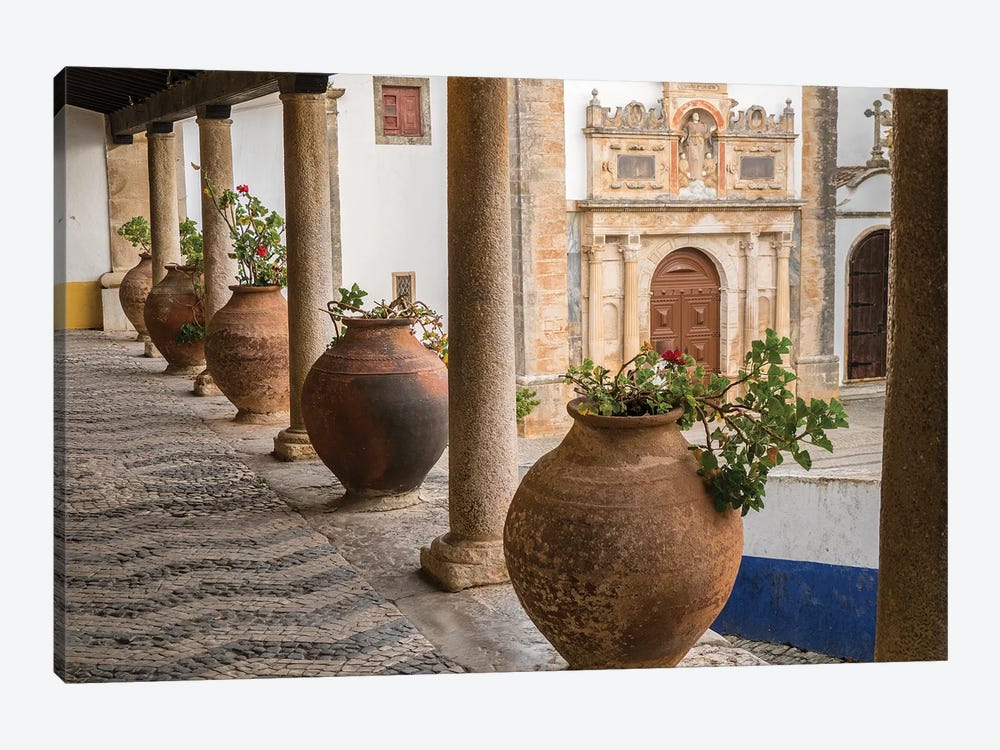 Ceramic Pots Adorn A Ledge Along A Building, Obidos, Portugal by Julie Eggers 1-piece Canvas Art Print