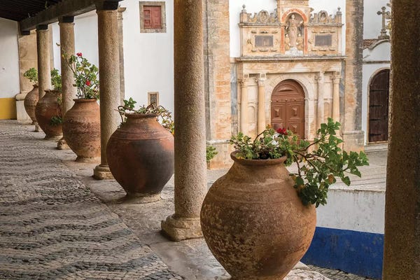 Óbidos: Ceramic Pots Adorn A Ledge Along A Building, Obidos, Portugal by Julie Eggers