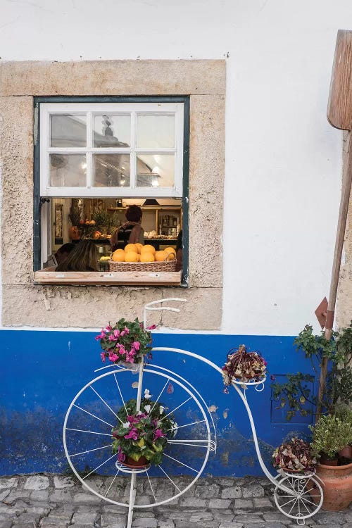 Cute Bicycle Planter In Front Of A Bakery In The Walled City, Obidos, Portugal