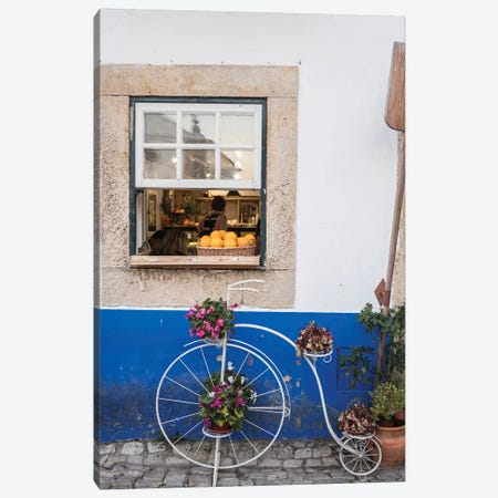 Portugal, Obidos. Cute bicycle planter in front of a bakery in the walled city of Obidos. Canvas Print #JEG22} by Julie Eggers Canvas Art Print