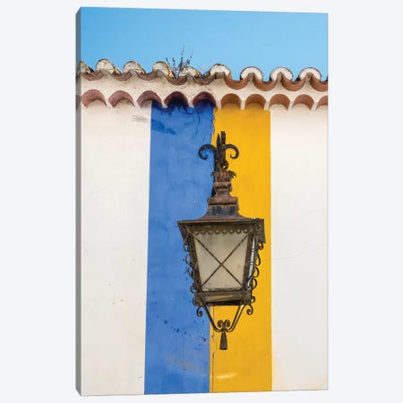 Wrought Iron Lantern Hanging From A Colorful Stripped Wall, Obidos, Portugal Canvas Print #JEG25} by Julie Eggers Canvas Artwork